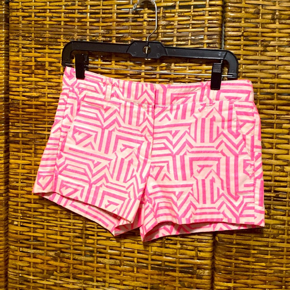 EUC J. Crew Neon Pink Tiki Aztec Flat Front Chino Mid Rise Shorty Shorts 0
